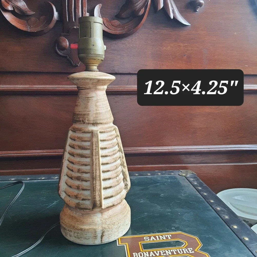Vintage 1950s Table Lamp Painted Cream Brown Brushed Electric Egyptian Revival